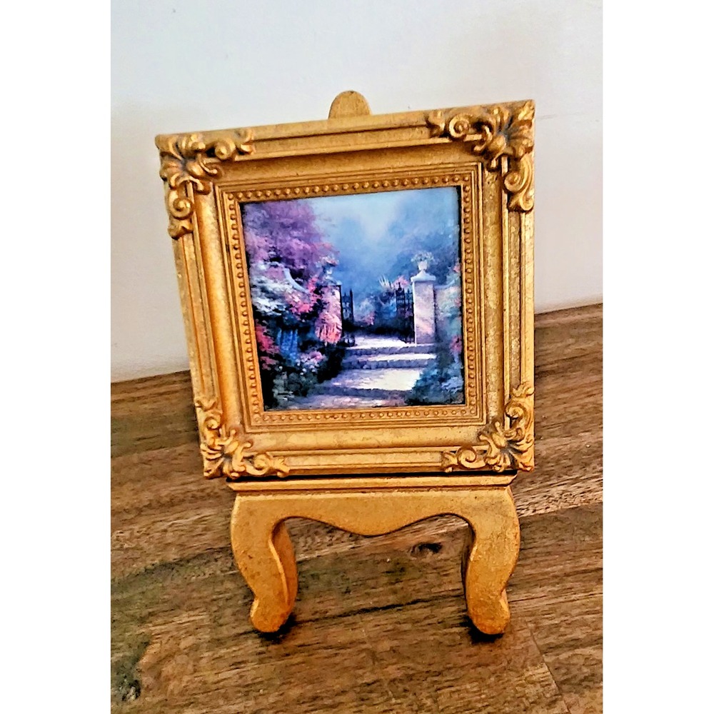 Vintage Thomas Kinkade " Victorian Garden" Gold Miniature Picture on Easel Stand